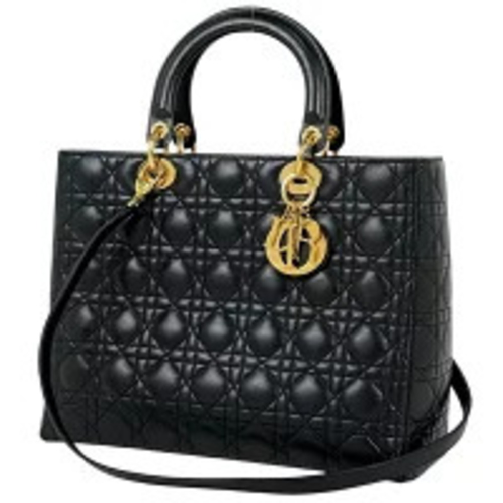Christian Dior Lady Cannage Shoulder Bag Handbag Leather Black